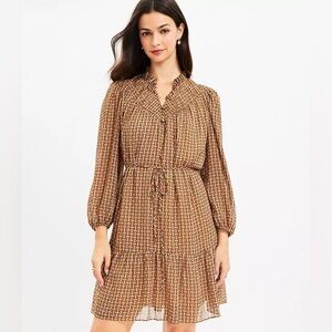 LOFT Geo Smocked Ruffle Neck Swing Belted Dress, Size - Medium